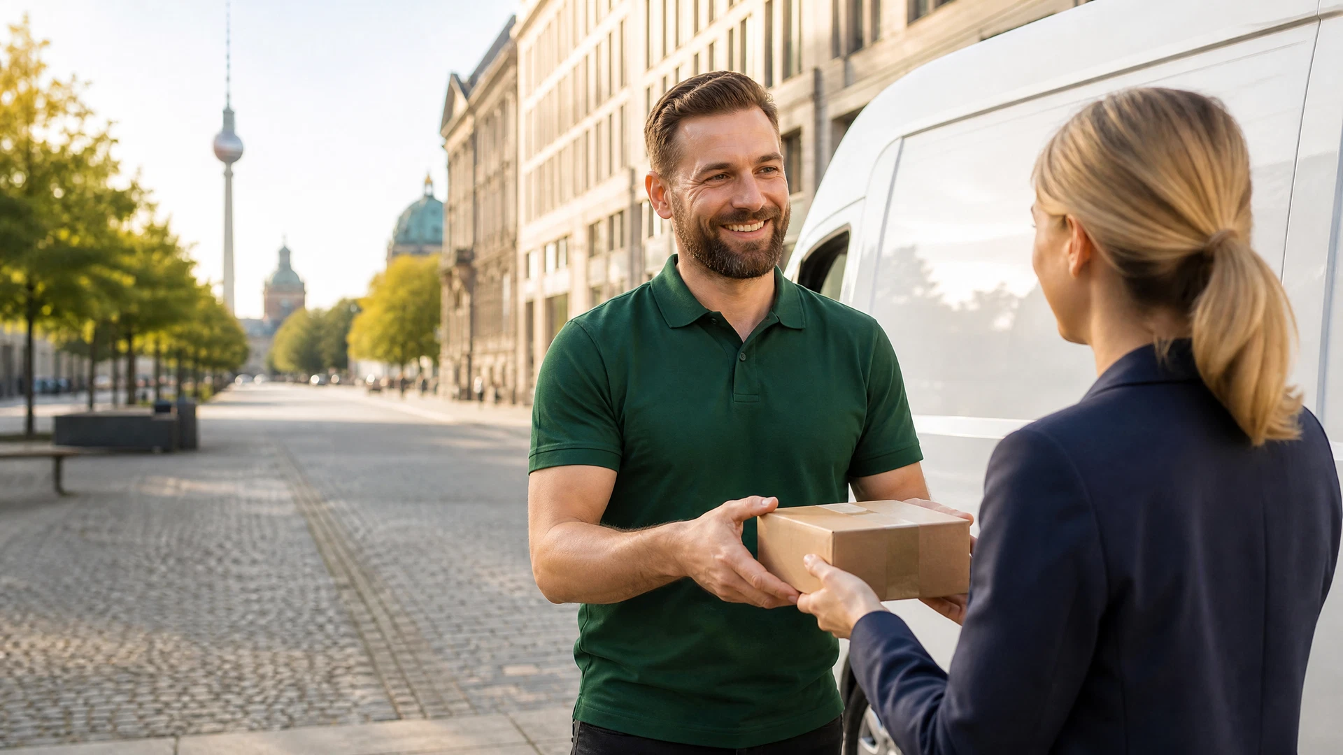 Logistikpartner uebergibt eine Sendung an eine Kundin in Berlin